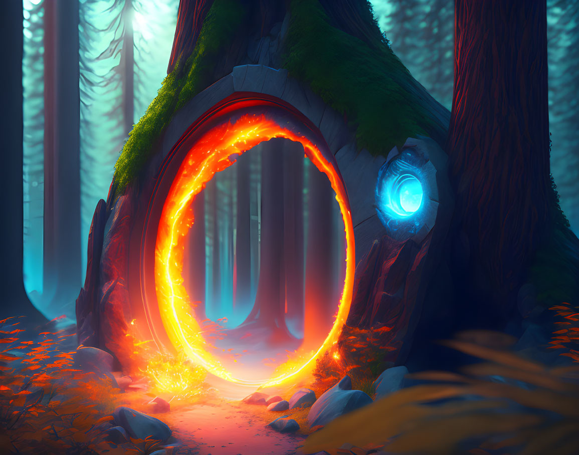 Mystical orange portal in tree trunk with blue symbols in foggy forest