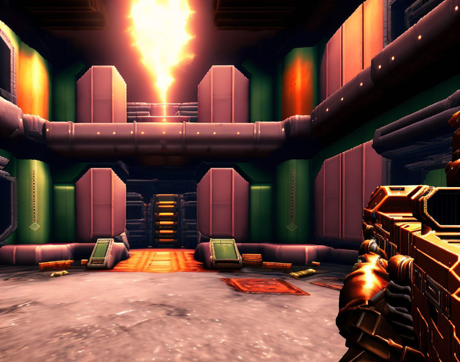 Sci-fi video game: Bright, colorful corridors, metallic textures, gun visible