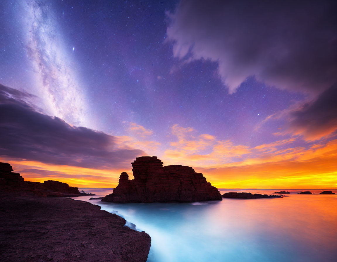 Vibrant Orange and Purple Dusk Sky Over Coastal Scene