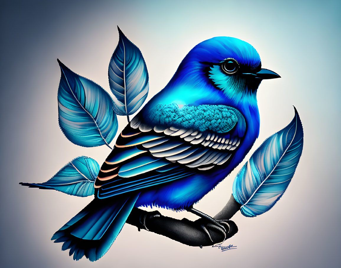 Colorful digital artwork: Bluebird perched among stylized blue leaves on soft grey backdrop