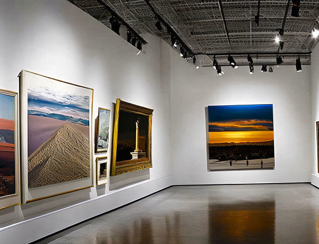 Interior of Art Gallery with Desert, Ruins, and Sunset Landscape Paintings