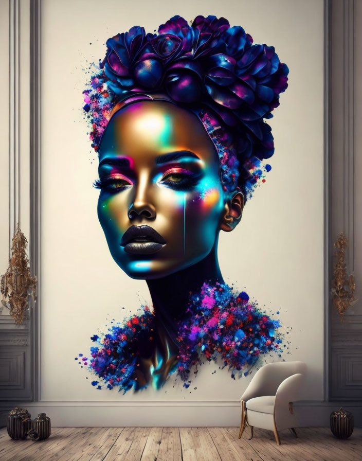 Colorful woman's face mural with iridescent skin and floral headdress in elegant room.