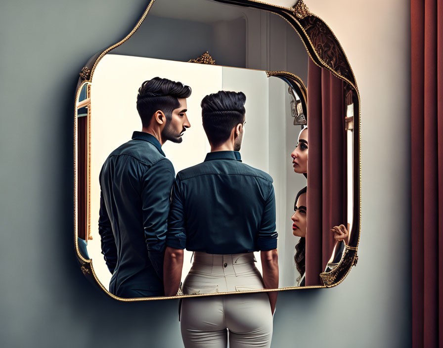 Man and woman reflected in ornate mirror, man in teal shirt and white pants, woman partially visible