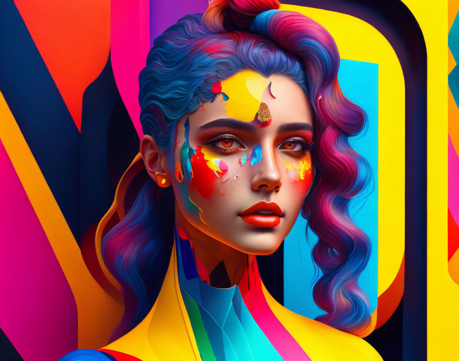 Colorful digital portrait of a woman with blue hair and abstract geometric background