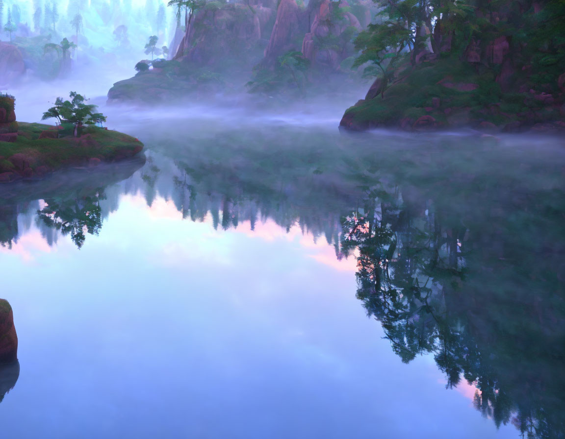 Misty dawn scene of tranquil lake with pink clouds and lush greenery