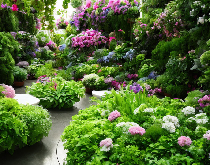 Vibrant blooming plants and flowers in lush greenhouse interior