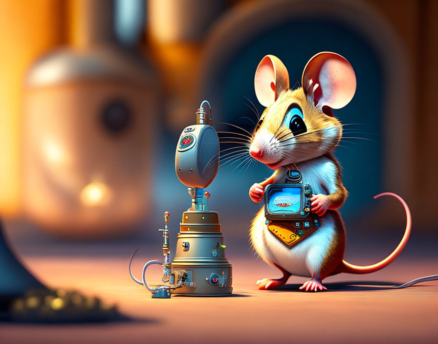 Cartoon Mouse Holding Device in Warm-Lit Room