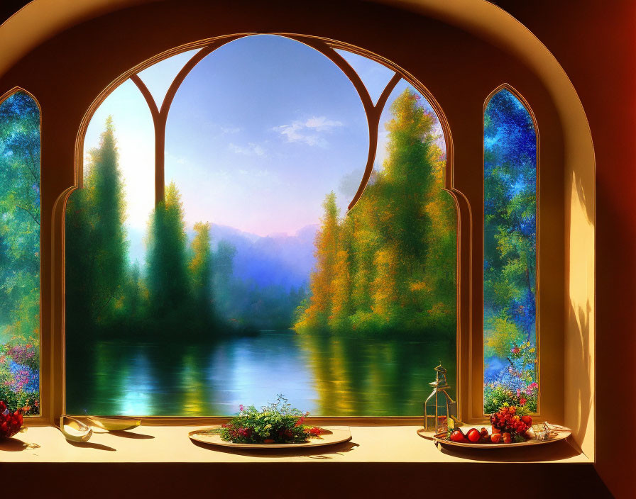 Tranquil lake scene with figure fishing through arched window