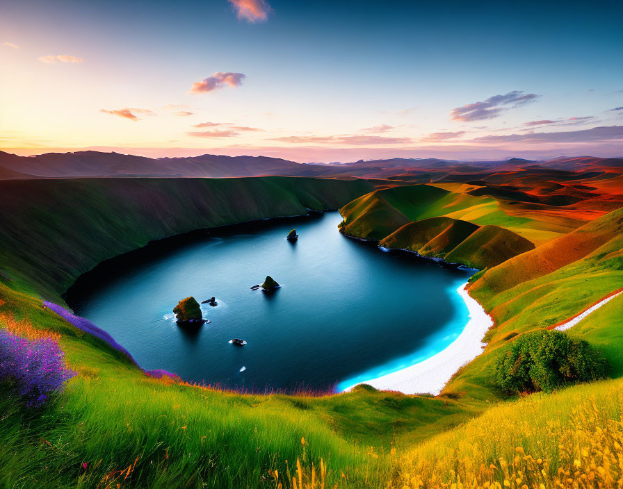 Scenic crater lake with cliffs, hills, and sunset sky