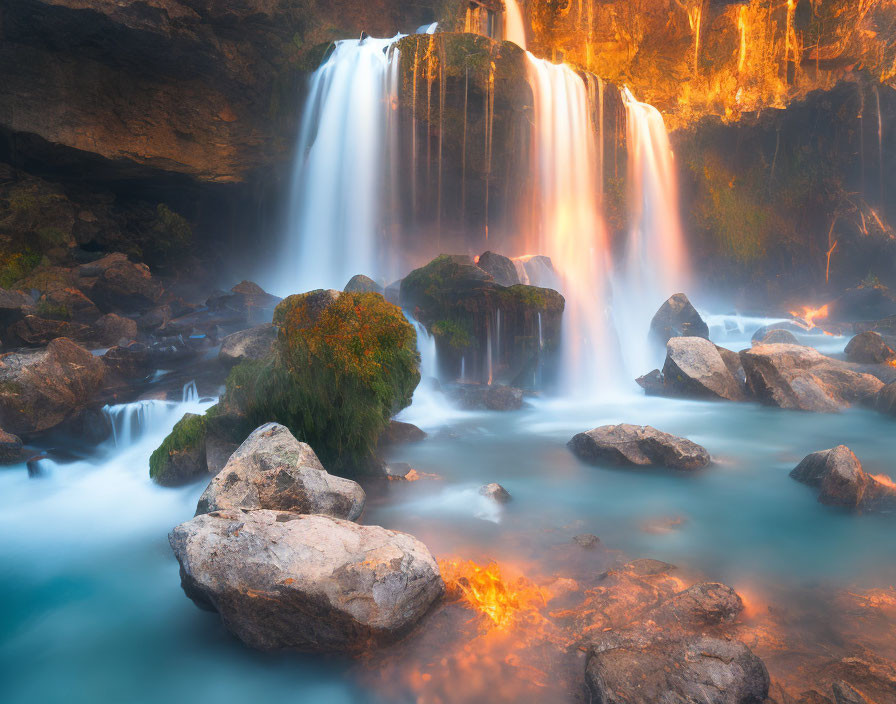 Tranquil waterfall over rocky ledge into misty blue pool