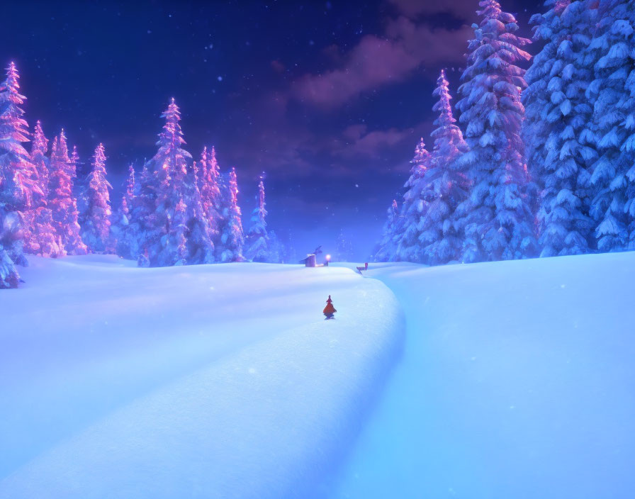 Snowy Night Landscape: Person Walking to Warmly Lit Cottage