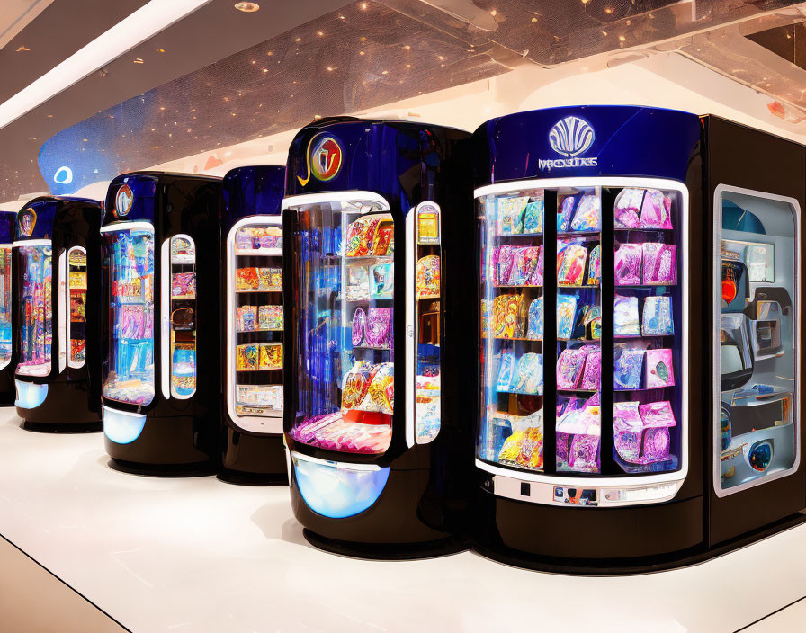 Futuristic vending machines with colorful displays in modern indoor setting