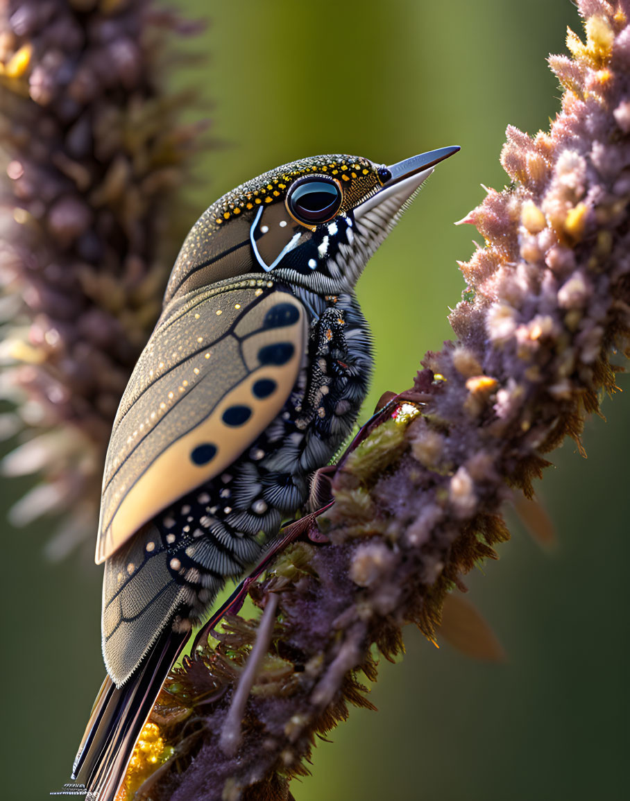 Colorful Bird with Intricate Patterns Perched on Plant in Vibrant Image