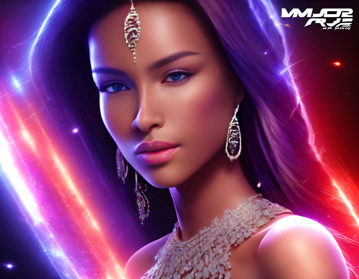 Digital artwork: Woman with glowing skin and gold jewelry on neon background