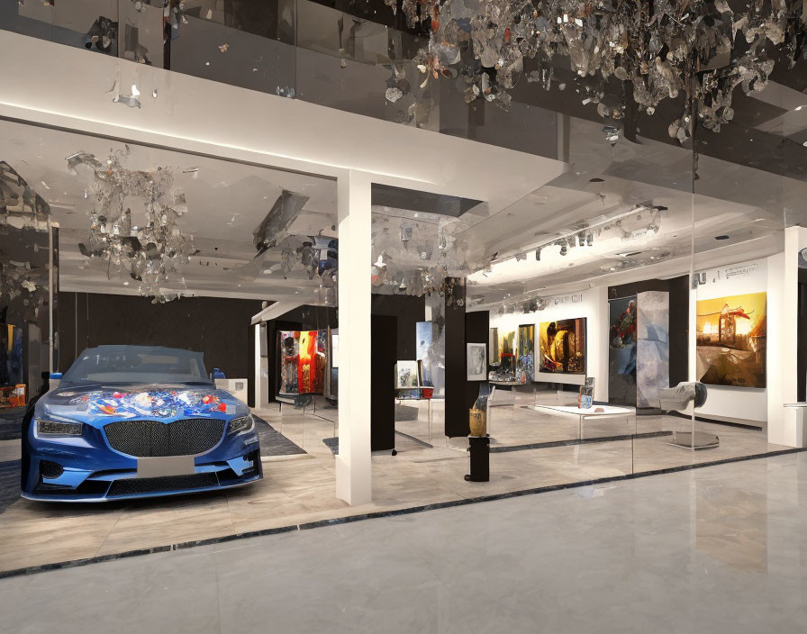 Luxurious Gallery Featuring Modern Art, Glossy Floor, Elegant Blue Car, and Crystal Chandeliers