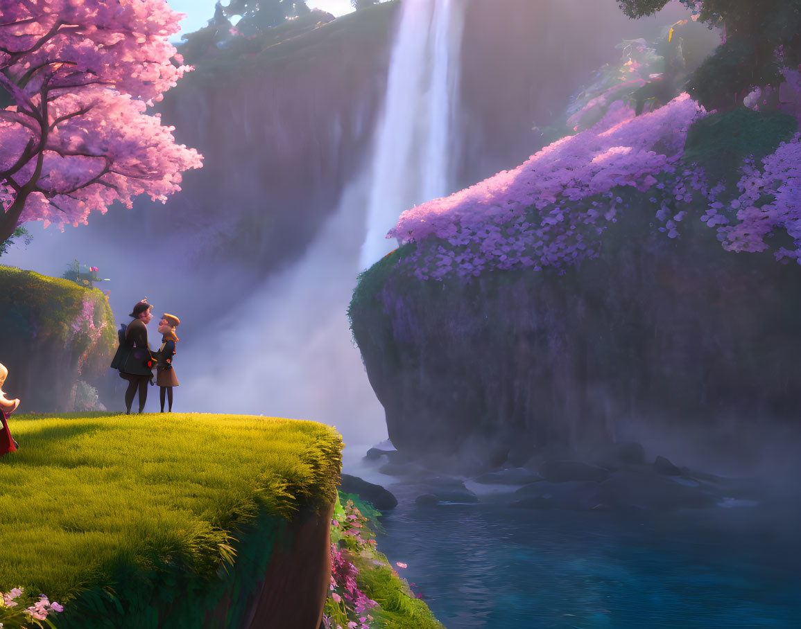 Tranquil animated scene: characters at cliff's edge, waterfall, lush greenery, cherry bloss