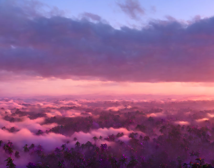 Misty forest at sunset with purple and pink hues