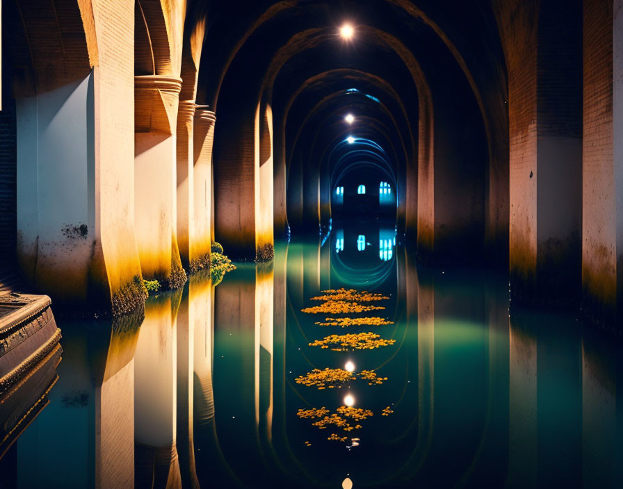 Subterranean water channel with arches and floating leaves in dim light