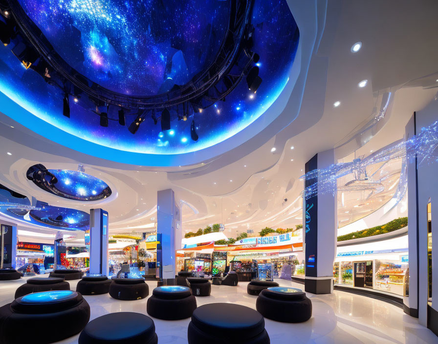 Modern Shopping Area with Galaxy Ceiling & Digital Screens