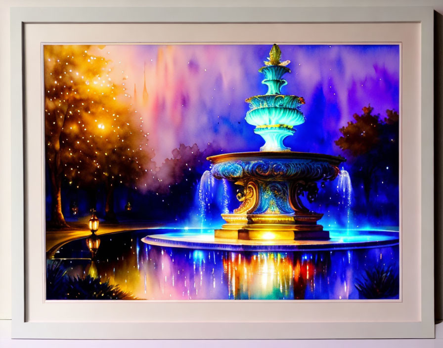 Framed vibrant painting of illuminated fountain at night