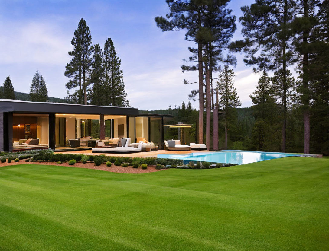 Spacious Luxury House with Large Windows and Swimming Pool at Dusk