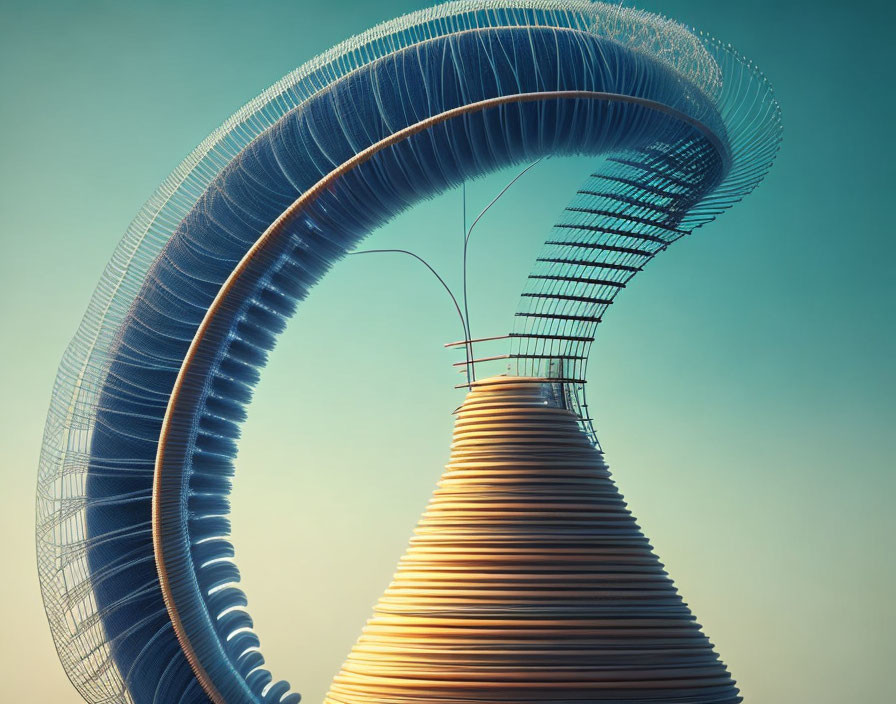 Surreal digital art: Twisted tower with circular elements against teal sky