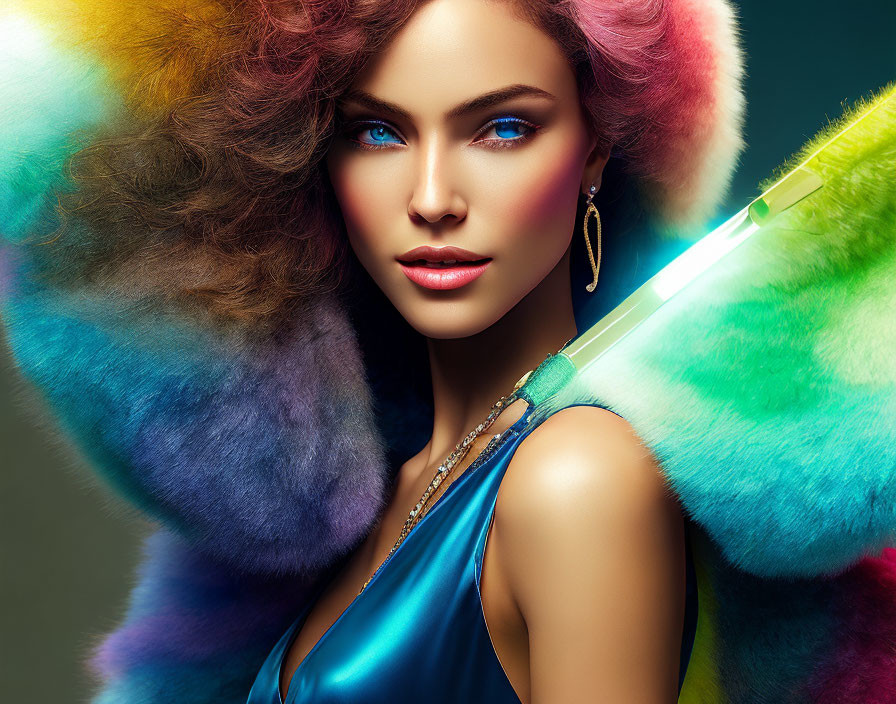 Striking Blue-Eyed Woman in Colorful Fur Attire and Bold Makeup