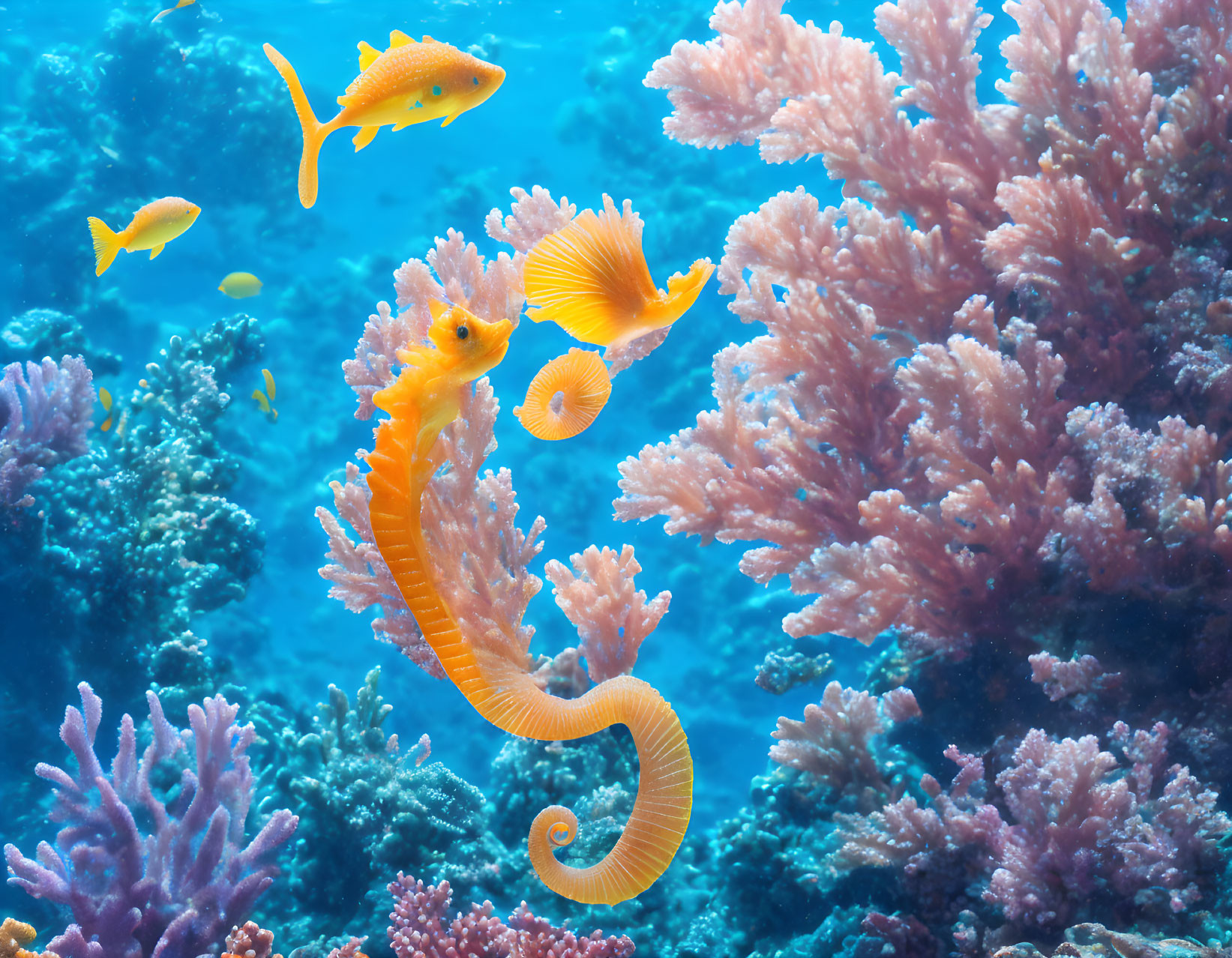 Colorful Underwater Scene with Yellow Seahorse and Pink Coral