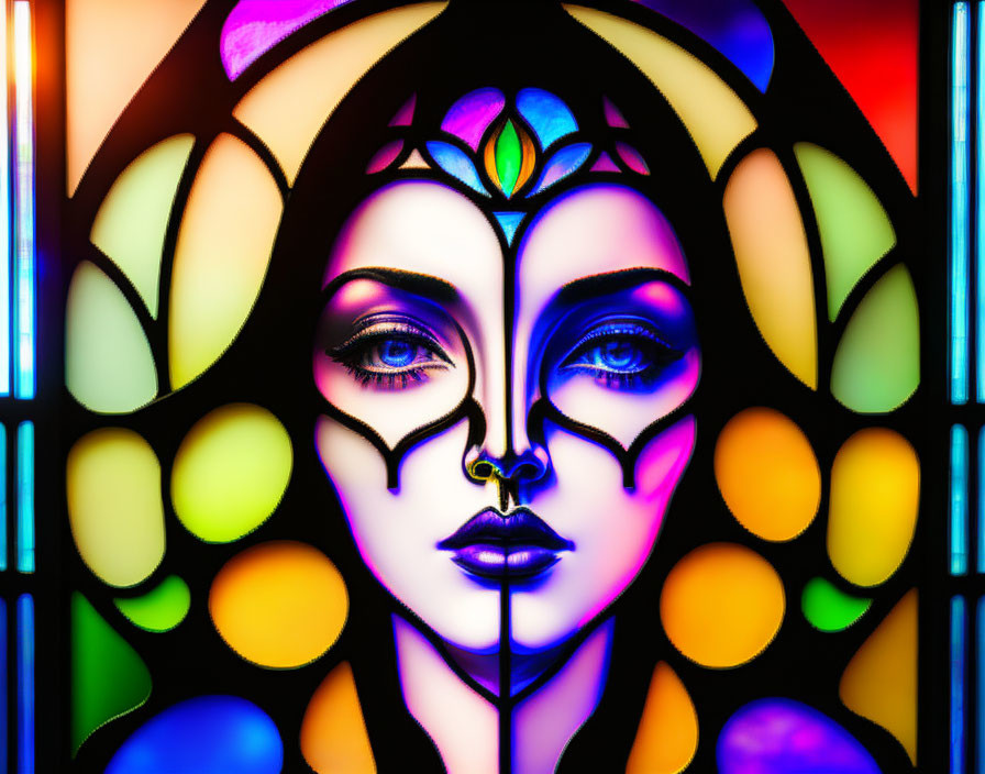 Symmetrical woman's face in colorful stained glass style