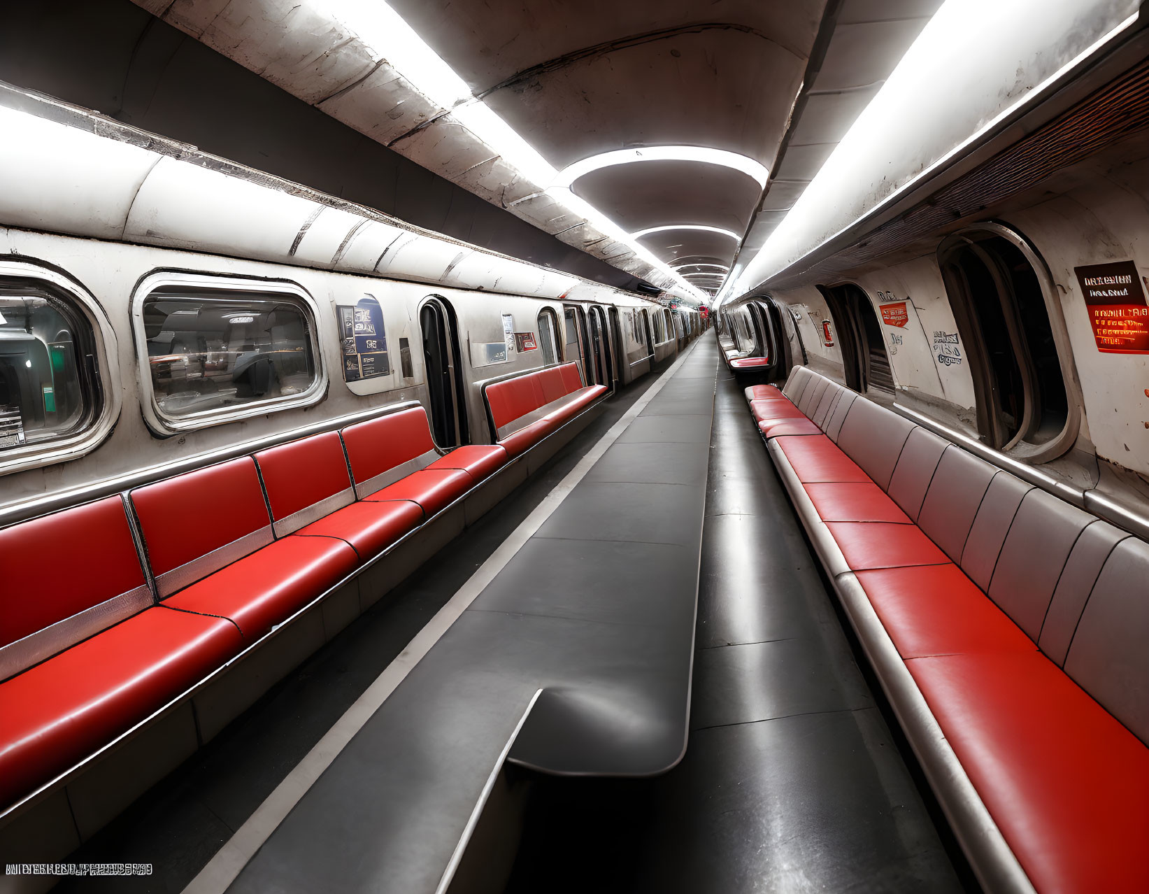 Empty subway car with red seats and silver poles in circular tunnel-like space