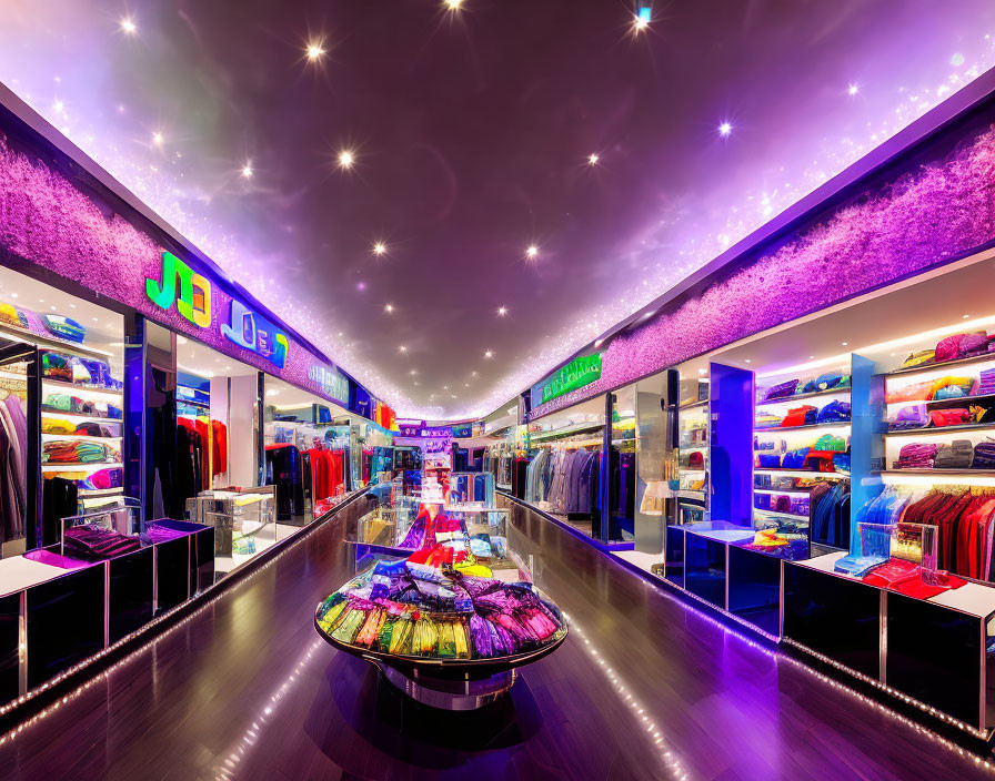 Modern Clothing Store with Vibrant Displays & Starry Ceiling