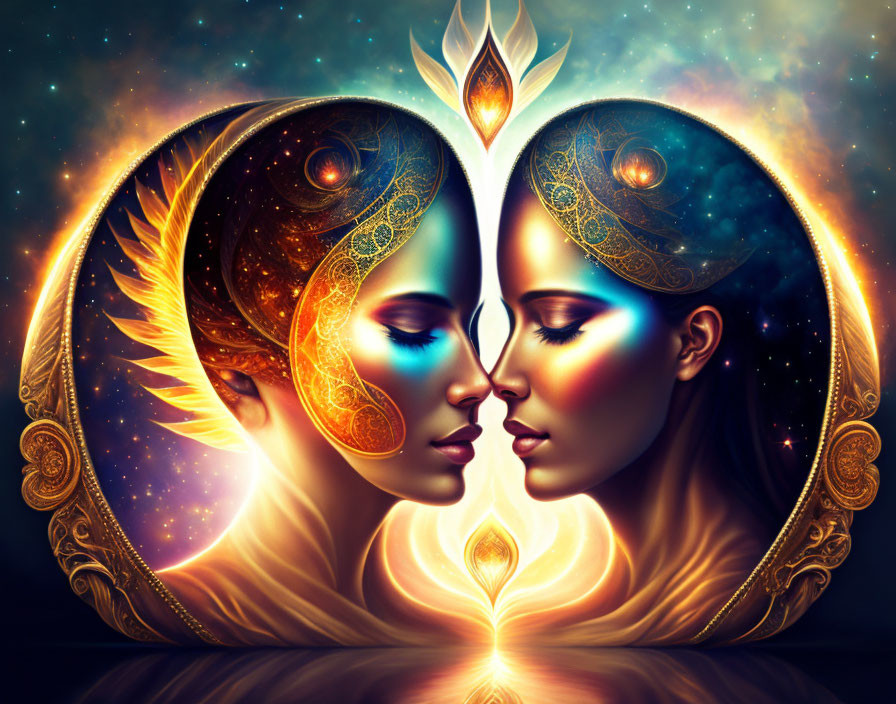 Symmetrical celestial and fiery faces with ornate patterns on dark cosmic backdrop