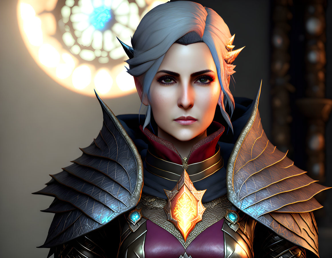 Digital artwork: Determined woman with white hair and elven ears in ornate medieval armor.