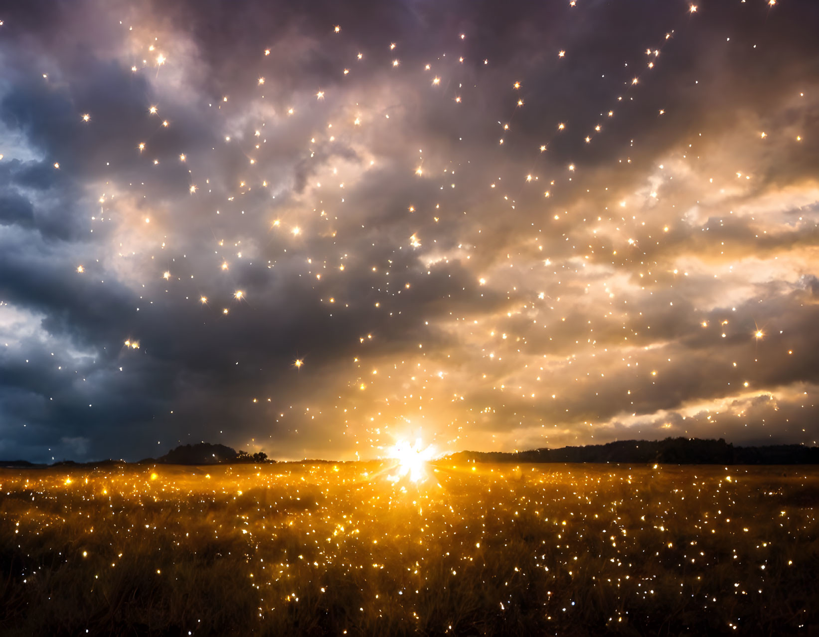 Radiant sunrise over dramatic cloudscape and sparkling field