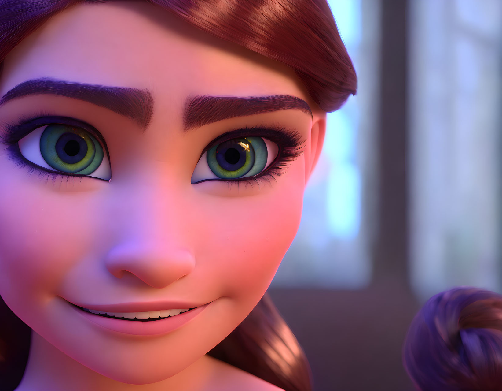 Animated female character with green eyes and side braid in soft-lit setting