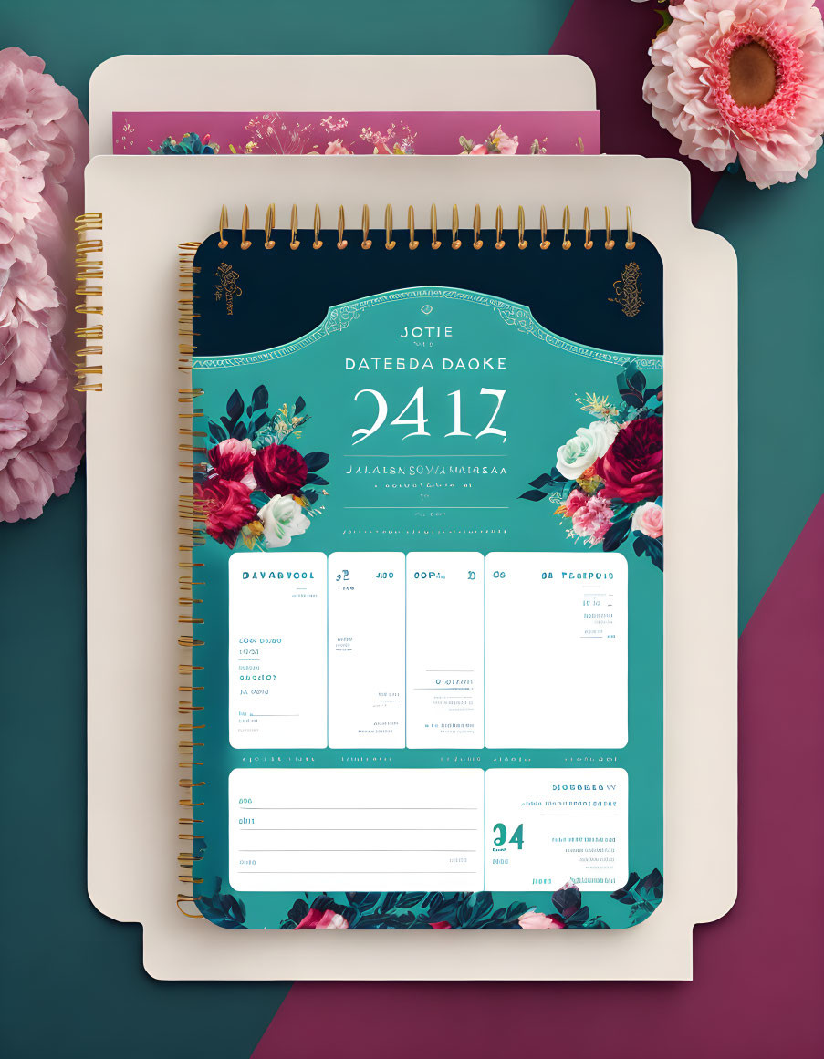 Floral-themed desk calendar with date and design elements beside pink flower