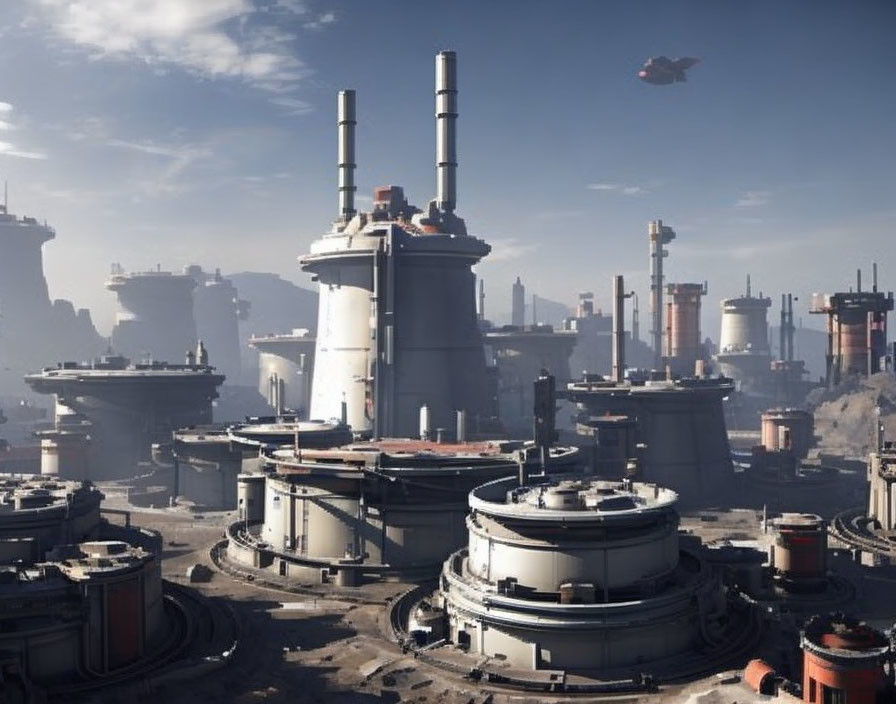 Futuristic industrial cityscape with towering structures and flying vehicle