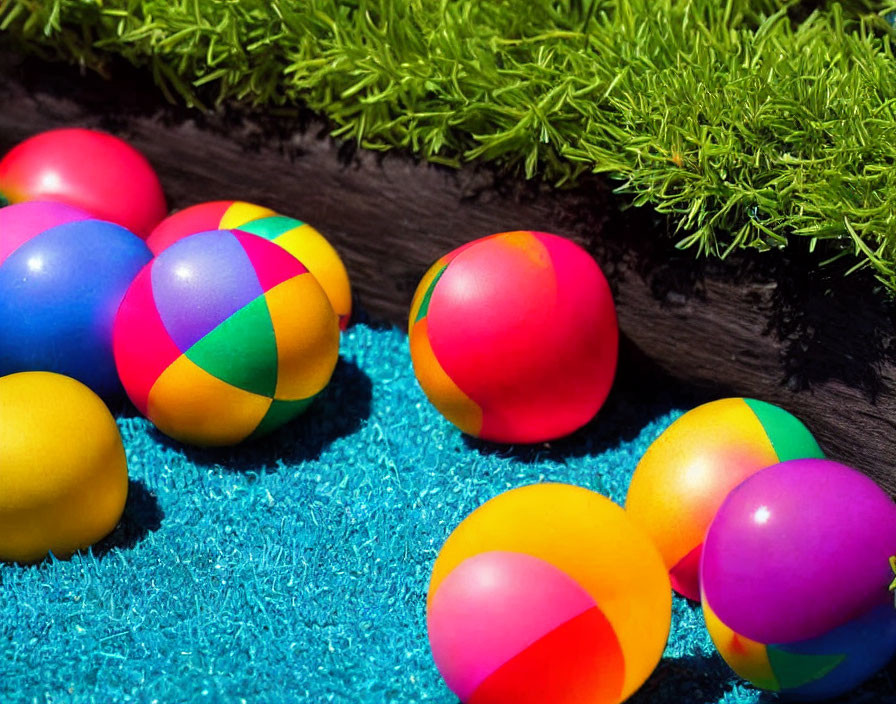 Vibrant Plastic Balls on Blue Textured Surface with Green Grass