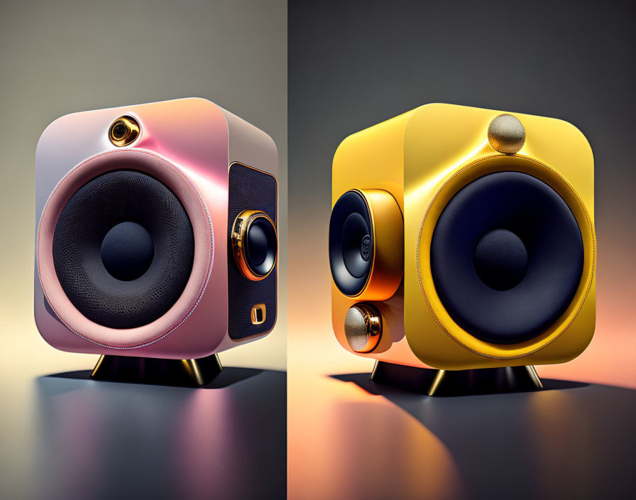 Modern Pastel Pink and Vibrant Yellow Speakers with Black Woofer and Tweeters