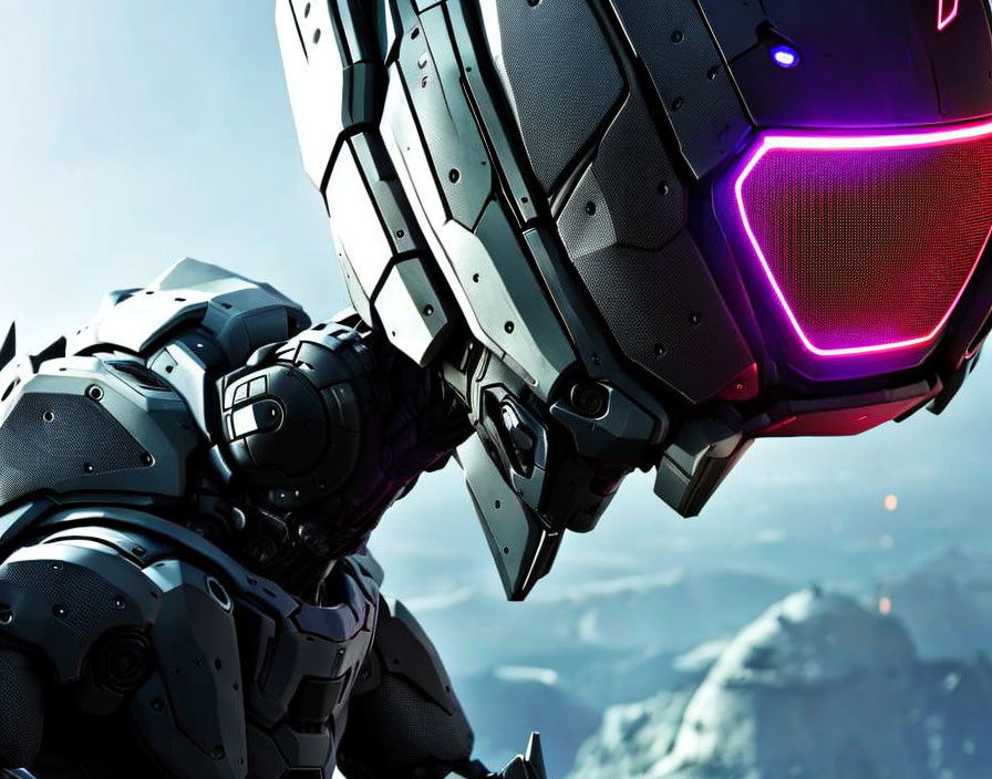 Futuristic armored robot with glowing purple visor in outdoor setting