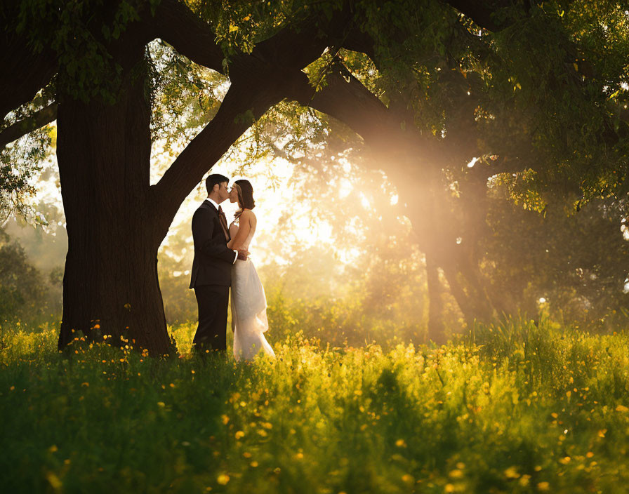 Wedding couple embracing under tree with sunlight and yellow flowers