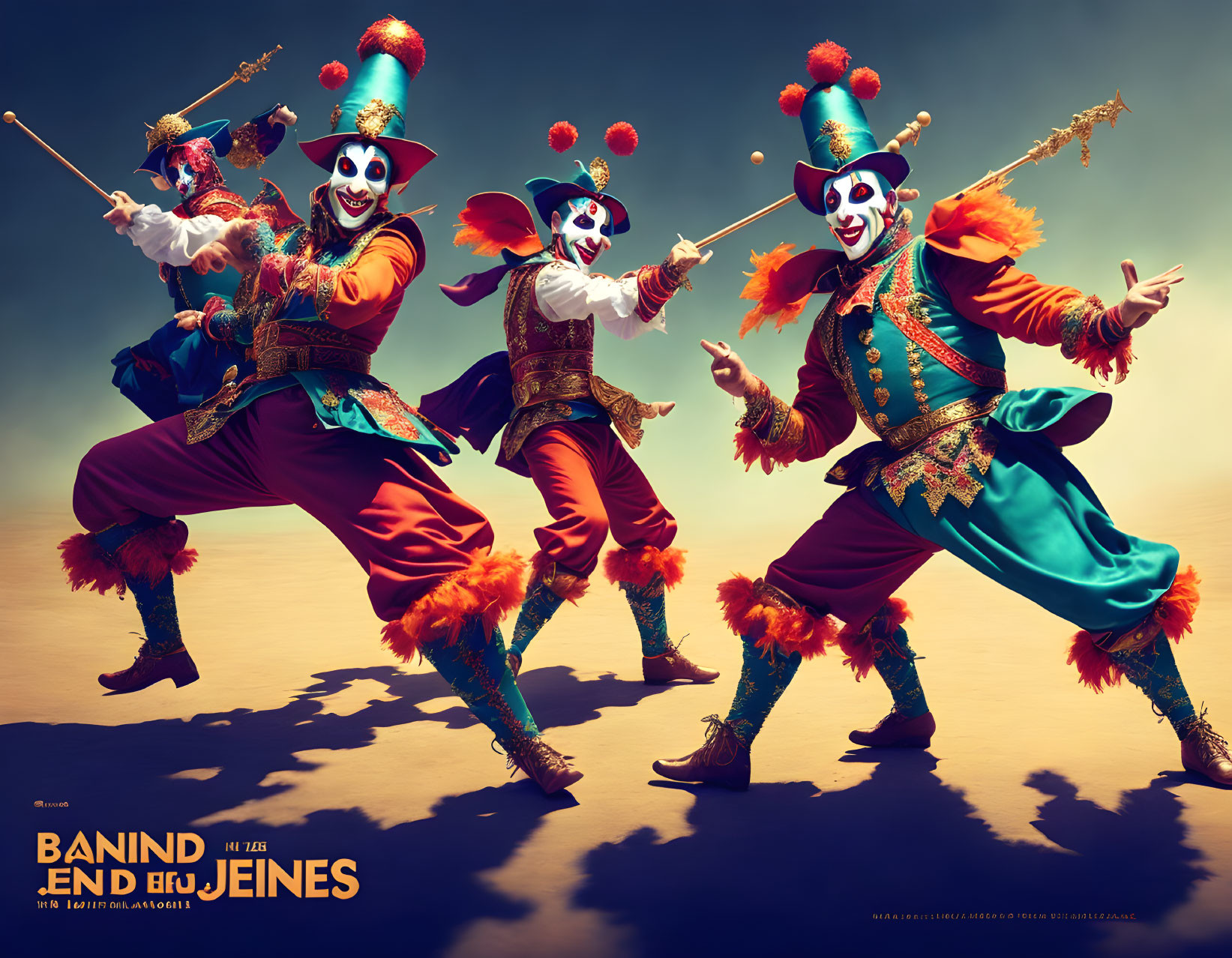 Colorful clown trio juggling and dancing on gradient backdrop