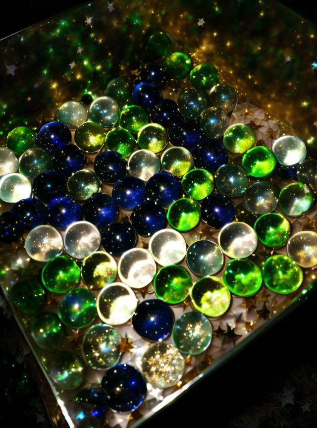 Colorful Glass Marbles with Sparkling Stars in Reflective Box