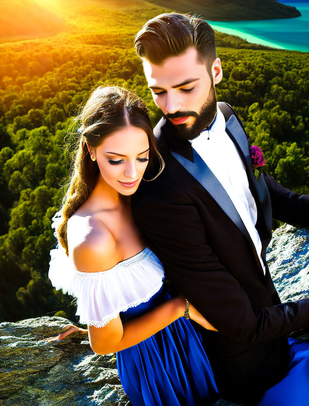 Formal attire couple embraces by sunlit lake and hills.