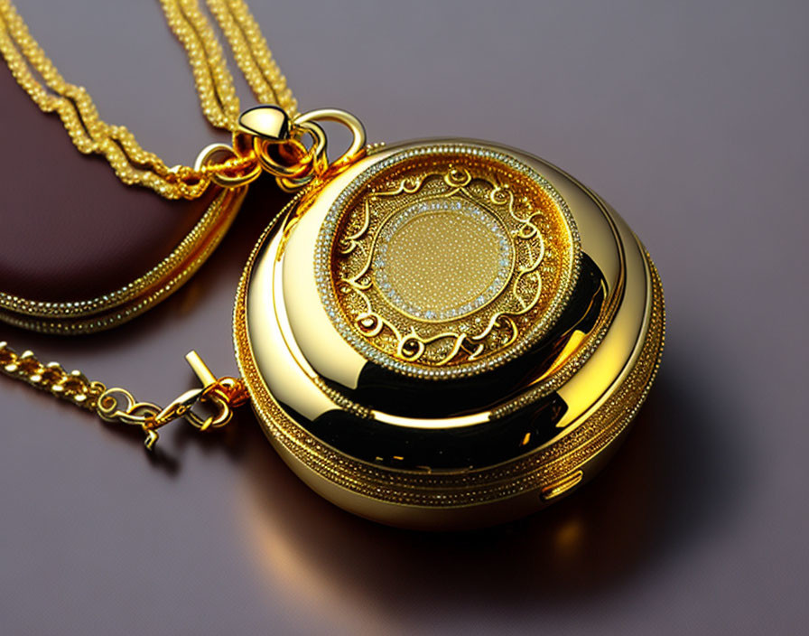 Intricate golden pocket watch with chain on reflective surface