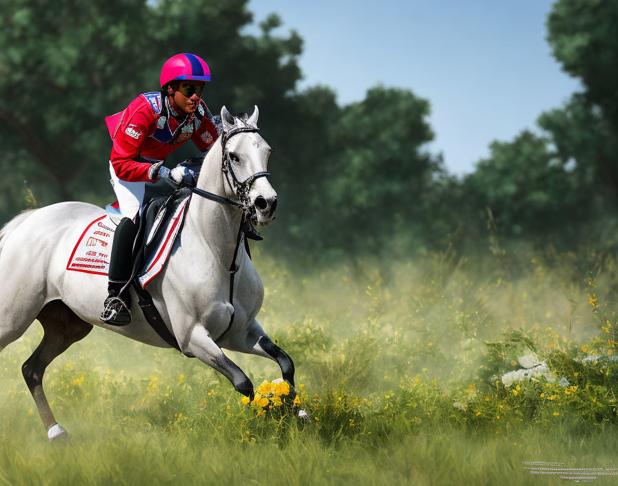 Person in Red and White Outfit Riding Galloping Grey Horse in Sunny Field