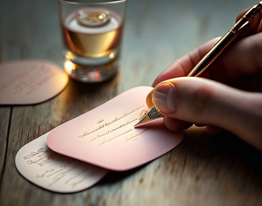 Hand writing on elegant card next to whiskey glass on wooden surface with circular cards in soft focus.