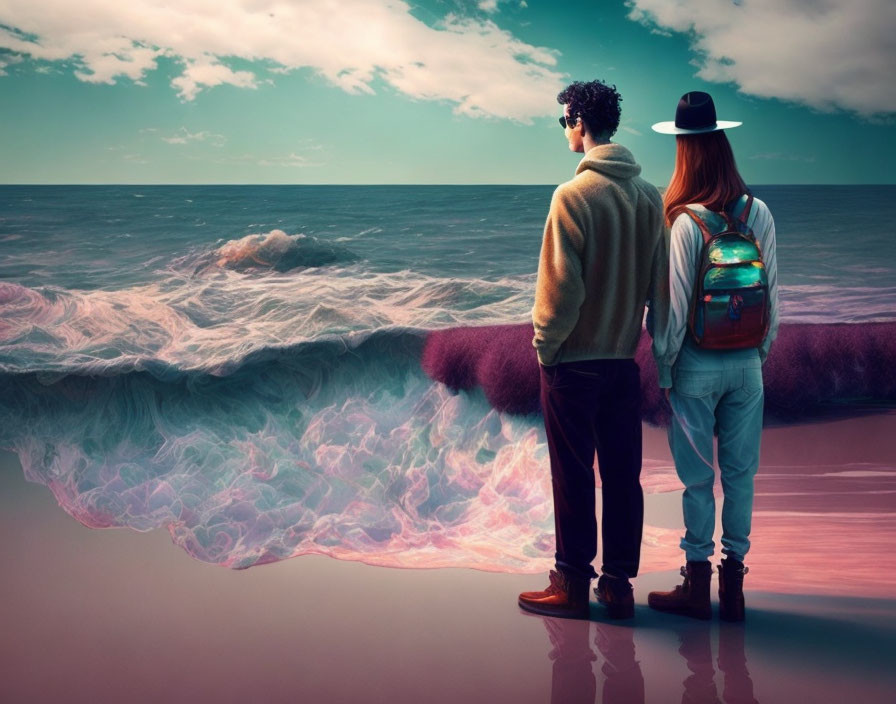 Two People Contemplate Purple Sea Under Dramatic Sky