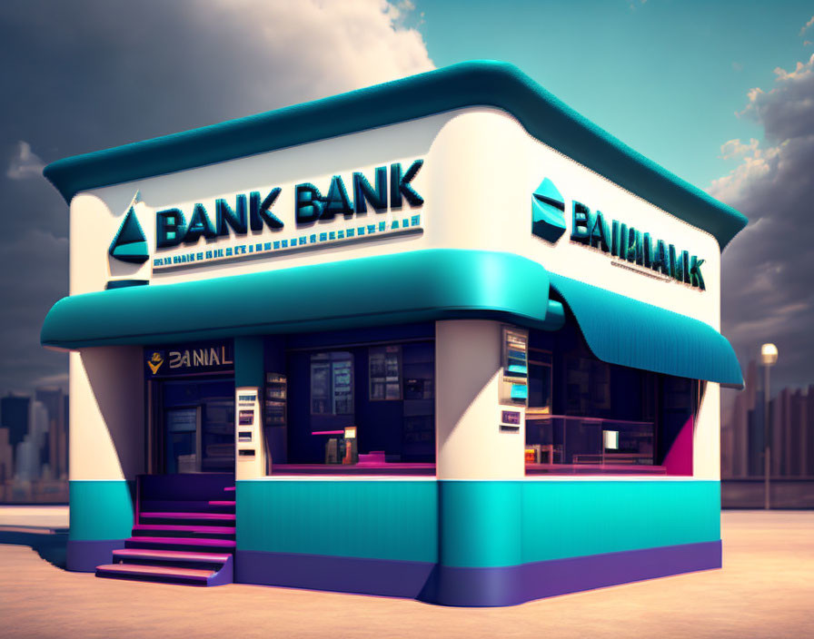 Colorful Cartoon-Style Bank Branch Illustration with "BANK BANK" Sign