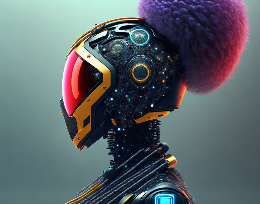 Futuristic robot head with open panel and colorful fluffy accessory on gradient background